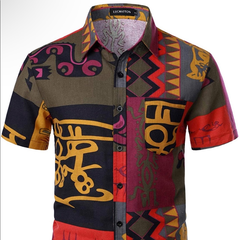LucMatton Men's Cotton Linen Traditional Print Short Sleeve Button Down Shirt